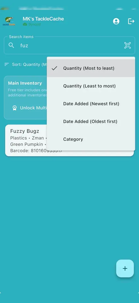 TackleCache inventory sorting